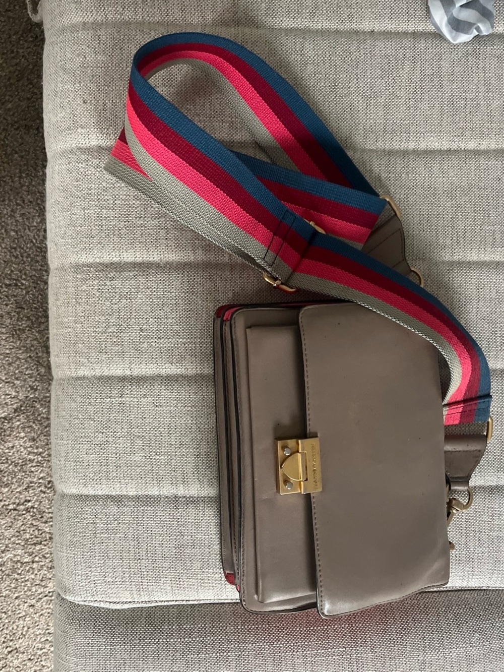 Rebecca Minkoff Taupe Mini Crossbody with Multicolor Striped Strap